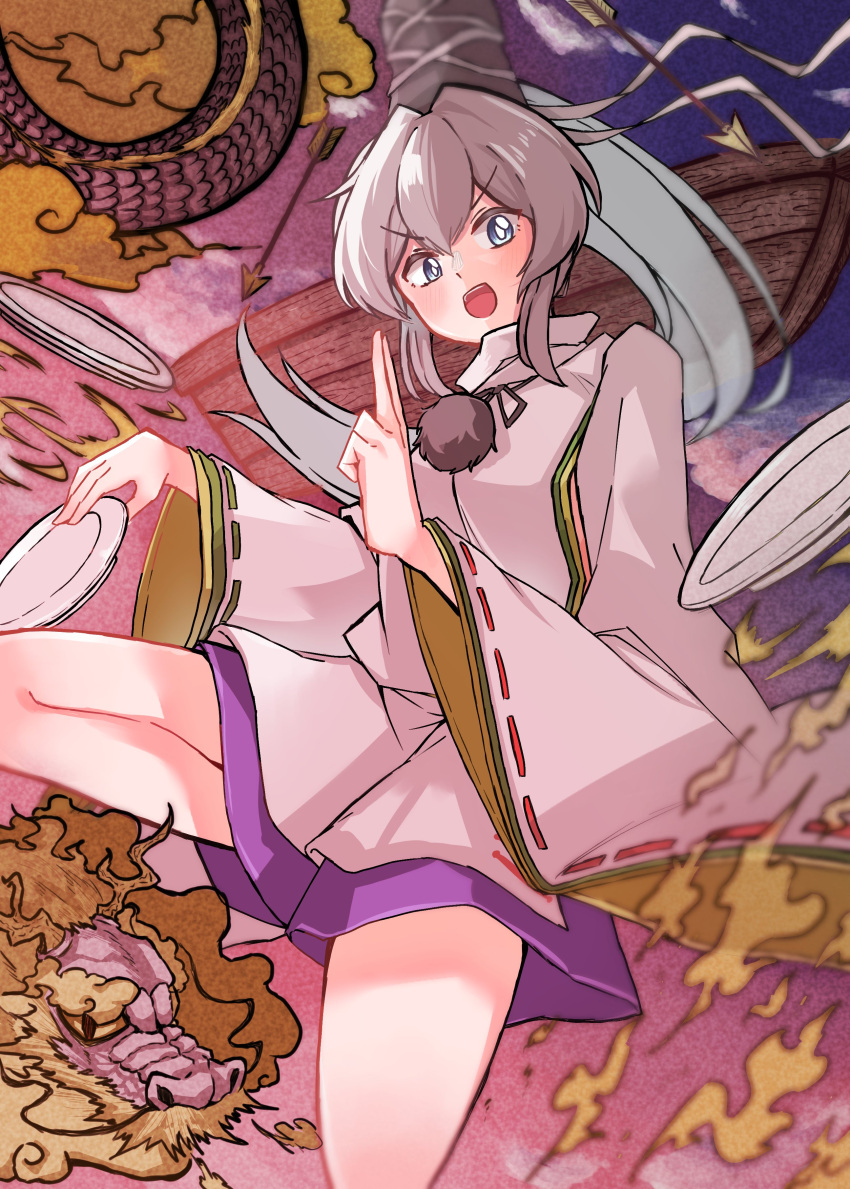 1girl absurdres arrow_(projectile) bangs black_headwear blush boat breasts bright_pupils cloud commentary_request dragon full_body gradient_sky grey_eyes grey_hair hat highres japanese_clothes jumping kariginu kuji-in long_hair long_sleeves looking_at_viewer medium_breasts mononobe_no_futo open_mouth pink_sky plate pom_pom_(clothes) ponytail purple_skirt purple_sky ribbon-trimmed_sleeves ribbon_trim skirt sky smile solo takana_(forsterite) tate_eboshi touhou v-shaped_eyebrows watercraft white_pupils wide_sleeves