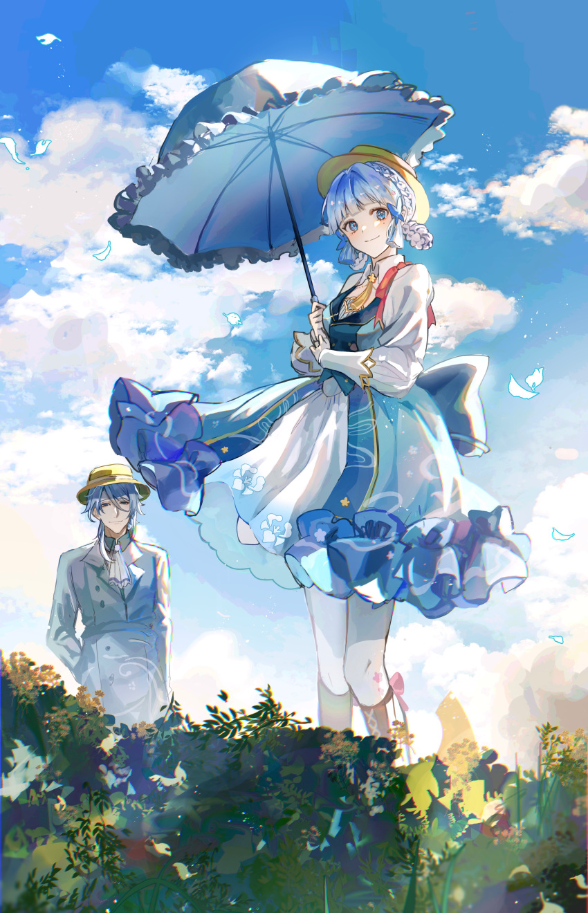 1boy 1girl absurdres blue_eyes blue_hair blue_sky blunt_tresses boots braid brother_and_sister brown_footwear brown_headwear butterfly_hair_ornament closed_mouth cloud collar commentary_request crown_braid dress fine_art_parody frilled_dress frills genshin_impact hair_ornament hair_up hat highres holding holding_umbrella kamisato_ayaka kamisato_ayaka_(springbloom_missive) kamisato_ayato knee_boots light_blue_hair long_sleeves looking_at_viewer mole mole_under_eye multicolored_clothes multicolored_dress neck_tassel official_alternate_costume official_alternate_hairstyle pantyhose parody puffy_long_sleeves puffy_sleeves siblings sky smile umbrella white_collar white_pantyhose woman_with_a_parasol zaza_(zazam_s)