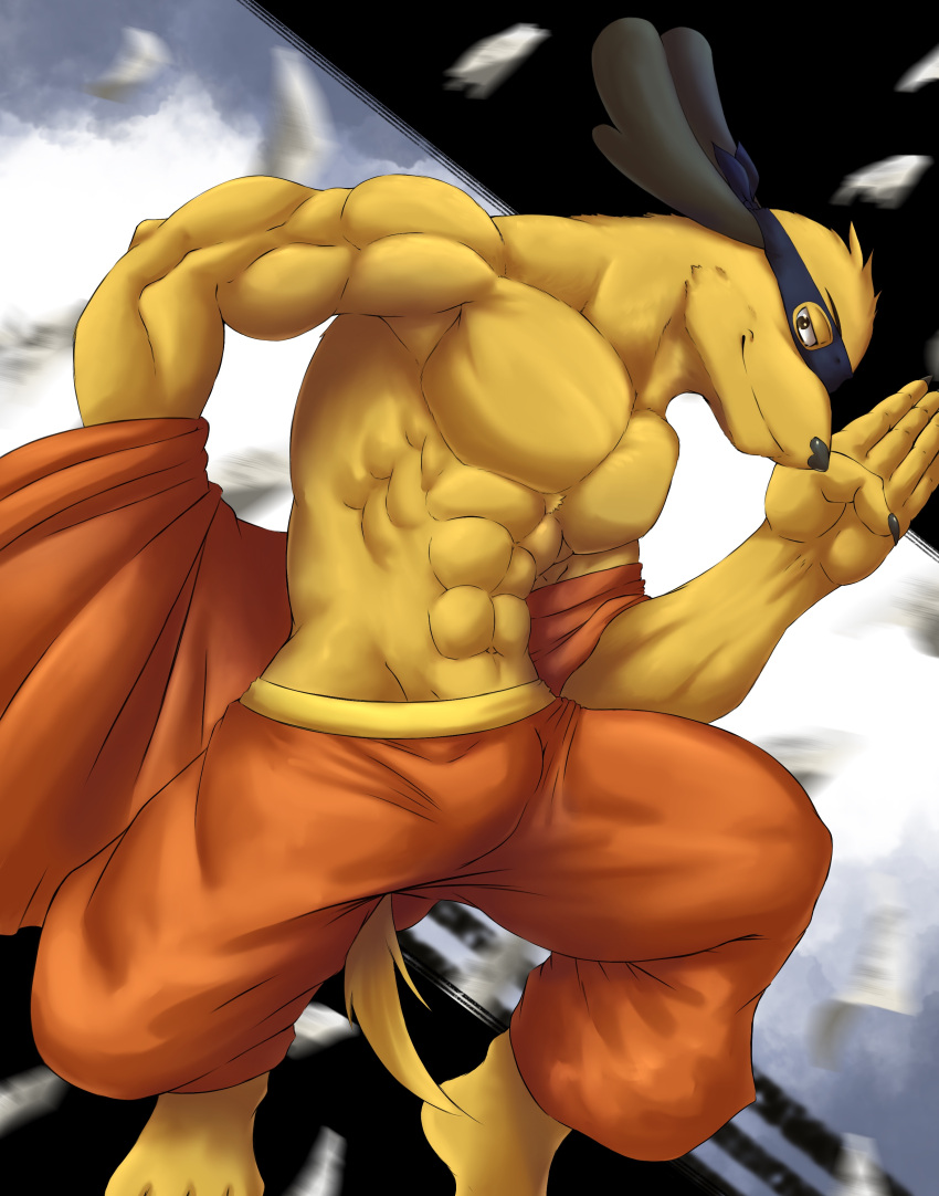 2022 abs absurd_res anthro biceps black_ears bottomwear canid canine canis chibikoma clothed clothing digital_drawing_(artwork) digital_media_(artwork) domestic_dog full-length_portrait fur hanna-barbera hi_res hong_kong_phooey hong_kong_phooey_(character) kung_fu male mammal mask muscular muscular_anthro muscular_male orange_bottomwear orange_clothing orange_pants pants pecs portrait solo tail tan_body tan_fur topless topless_anthro topless_male