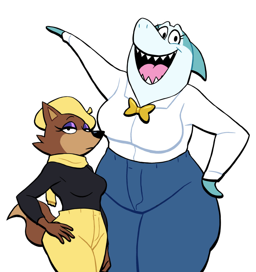 absurd_res anthro blue_body bow_tie brown_body brown_fur canid canine canis duo eyeshadow female fish fur hanna-barbera hi_res jabberjaw jabberjaw_(character) jellystone_(hbo_max) loopy_(loopy_de_loop) loopy_de_loop lovetopullmicke makeup mammal marine scarf shark sharp_teeth teeth wide_hips wolf