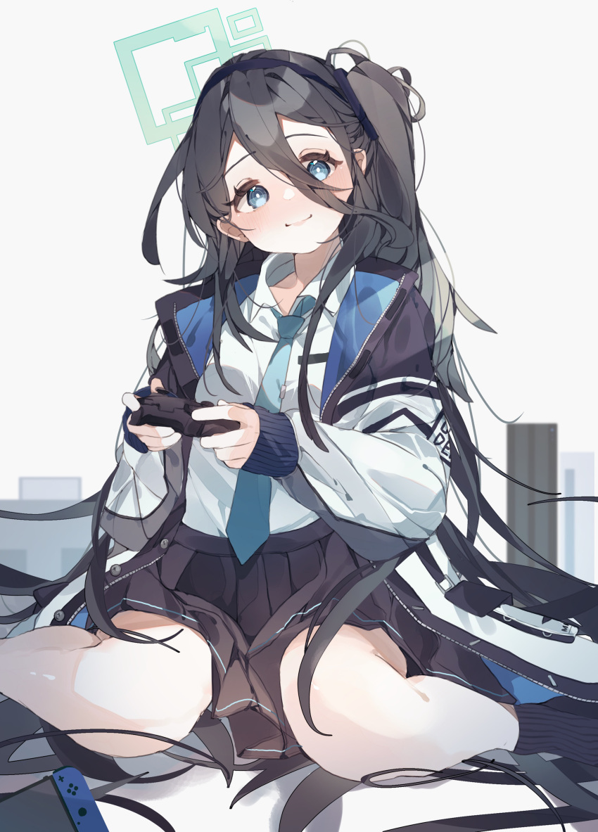 1girl absurdres aris_(blue_archive) bangs black_hair black_hairband black_skirt blue_archive blue_eyes blue_necktie collared_shirt controller dot_nose gominami hair_between_eyes hairband halo highres holding holding_controller jacket long_hair long_sleeves looking_at_viewer necktie nintendo_switch open_clothes open_jacket pleated_skirt shirt side_ponytail sitting skirt smile socks solo very_long_hair white_background white_jacket white_shirt wing_collar