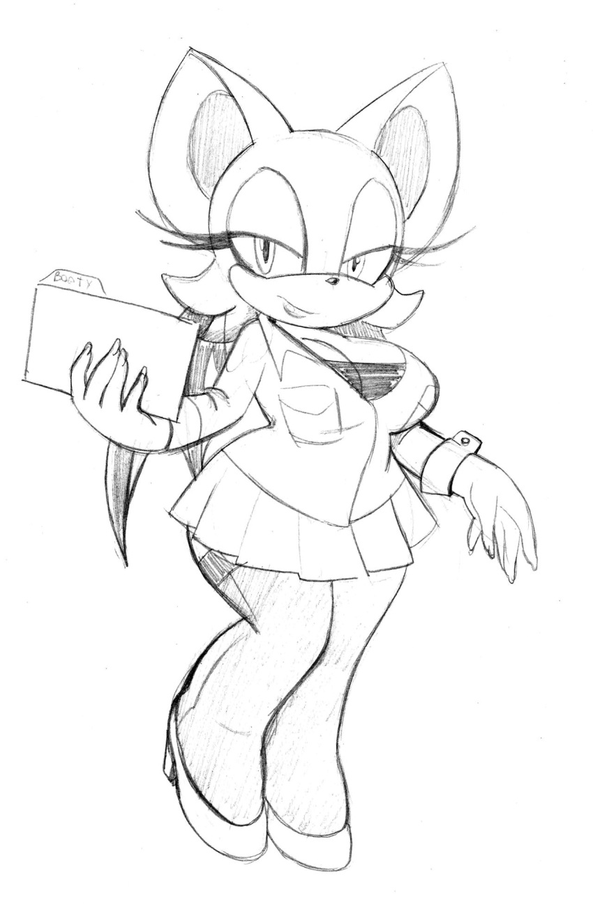 anthro bat clothed clothing female file footwear hi_res high_heels holding_object holding_paper leggings legwear looking_at_viewer mammal monochrome office omegasunburst open_clothing open_topwear paper rouge_the_bat secretary sega solo sonic_the_hedgehog_(series) topwear