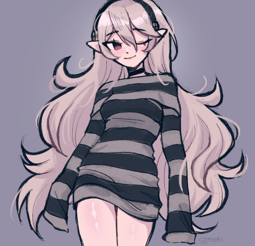 1girl alternate_costume artist_name black_hairband black_sweater blush breasts corrin_(female)_(fire_emblem) corrin_(fire_emblem) english_commentary fire_emblem fire_emblem_fates grey_background grey_sweater hair_behind_ear hairband highres long_hair medium_breasts megrocks one_eye_closed pointy_ears purple_eyes simple_background sleeves_past_fingers sleeves_past_wrists smile solo striped striped_sweater sweater very_long_hair