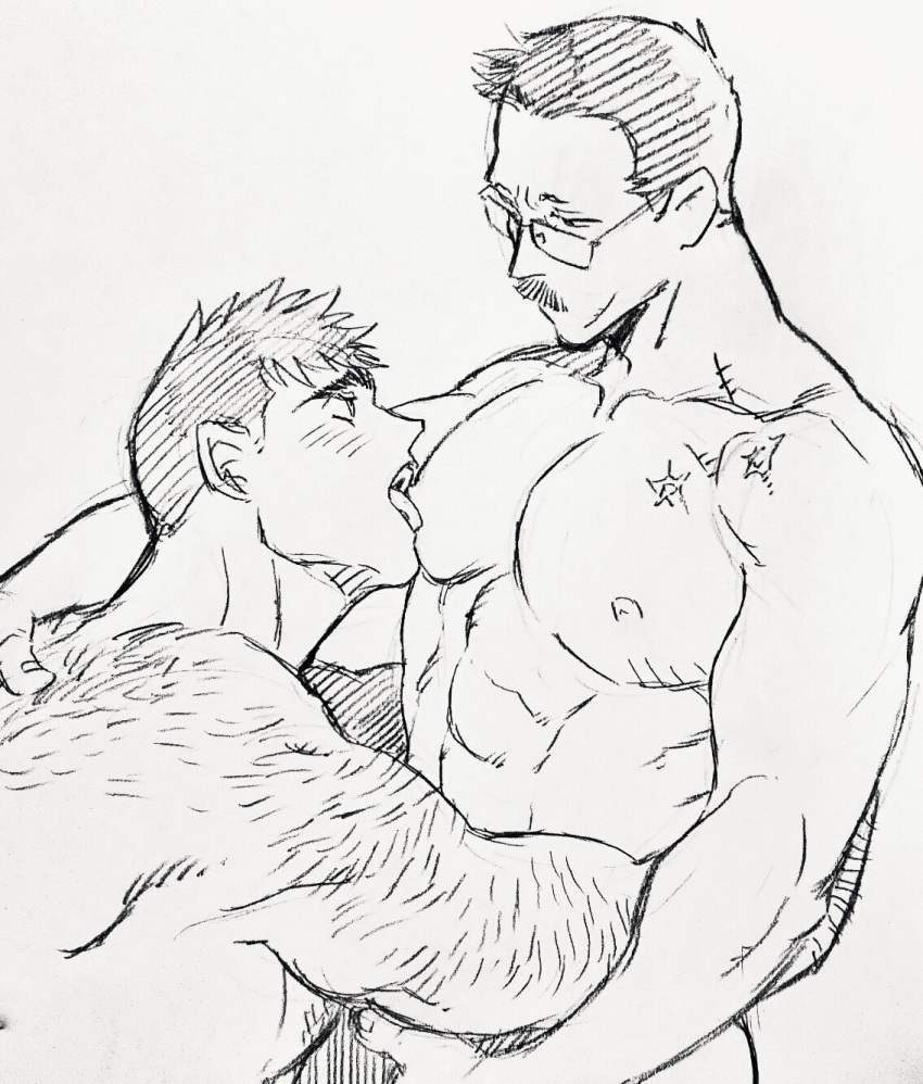 2boys arm_hair back_hair bara billy_russell_(dickfish) completely_nude couple dickfish_(fishismdick) eye_contact facial_hair from_side glasses hairy hand_on_another's_back highres john_rottweil_(dickfish) large_pectorals licking licking_nipple looking_at_another male_focus mature_male multiple_boys muscular muscular_male mustache nipples nude original pectorals scan scar short_hair sideburns sketch thick_eyebrows tongue tongue_out traditional_media yaoi