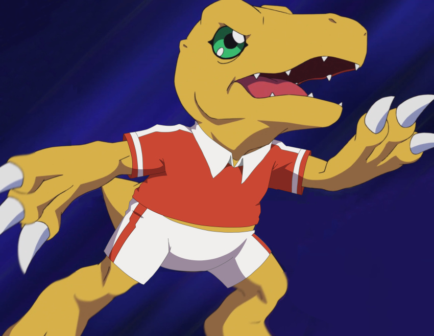 agumon bandai_namco bottomwear clothing digimon digimon_(species) hi_res male shorts soccer solo sport uniform