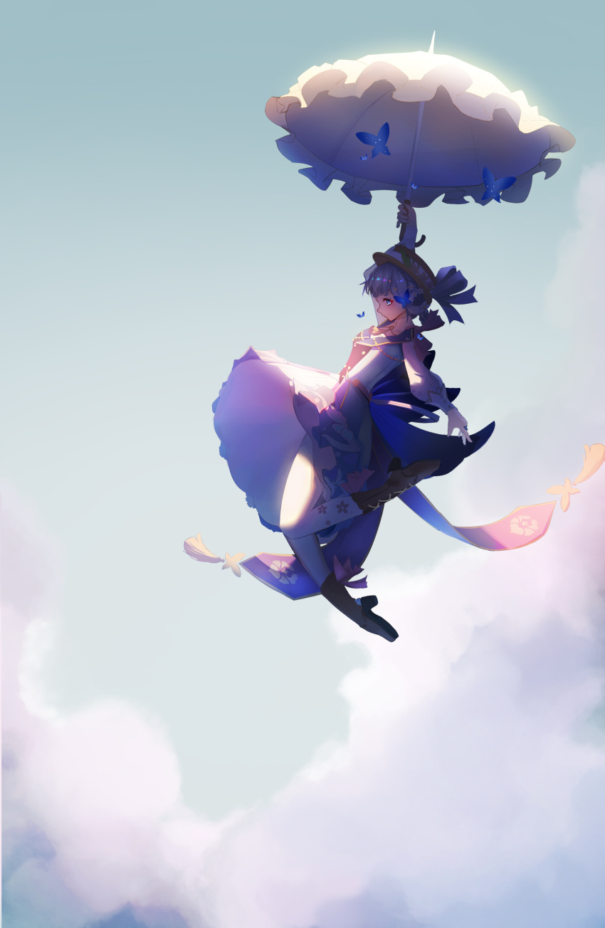 1girl above_clouds absurdres bangs blue_dress blue_eyes blue_hair blunt_bangs boots braid brown_footwear butterfly_hair_ornament closed_mouth cloud cross-laced_footwear dress floral_print flower frilled_dress frills from_side genshin_impact hair_flower hair_ornament hair_up hat hat_flower hat_ribbon high_heel_boots high_heels highres holding holding_umbrella jumping kamisato_ayaka kamisato_ayaka_(springbloom_missive) knee_boots lace-up_boots light_blue_hair long_sleeves looking_at_viewer official_alternate_costume official_alternate_hairstyle pantyhose parasol puffy_long_sleeves puffy_sleeves qixia ribbon solo umbrella white_pantyhose white_ribbon white_umbrella