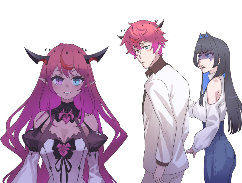 1boy 2girls bangs blue_eyes blue_hair detached_sleeves distracted_boyfriend_(meme) formal genderswap genderswap_(ftm) hair_intakes heterochromia highres hololive hololive_english horns iryk_(hololive) irys_(hololive) jacket long_hair meme multicolored_hair multiple_girls ouro_kronii pointy_ears purple_eyes purple_hair red_hair shaded_face shirt short_hair streaked_hair suit very_long_hair virtual_youtuber white_background zedd_(zedgawr)