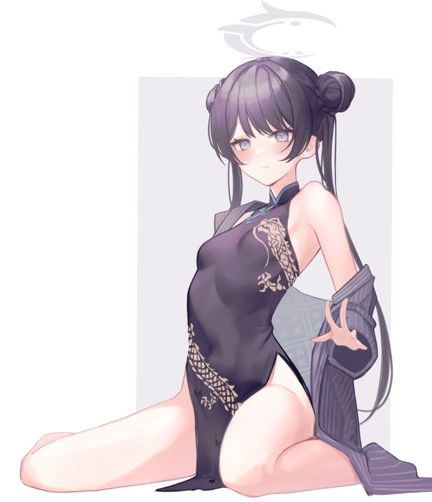 1girl absurdres bare_shoulders black_dress blue_archive breasts china_dress chinese_clothes closed_mouth commentary covered_navel double_bun dragon_print dress grey_eyes grey_jacket hair_bun halo highres jacket kisaki_(blue_archive) long_hair looking_at_viewer oni0417 pelvic_curtain print_dress sitting sleeveless sleeveless_dress small_breasts solo striped striped_jacket thighs twintails vertical-striped_jacket vertical_stripes
