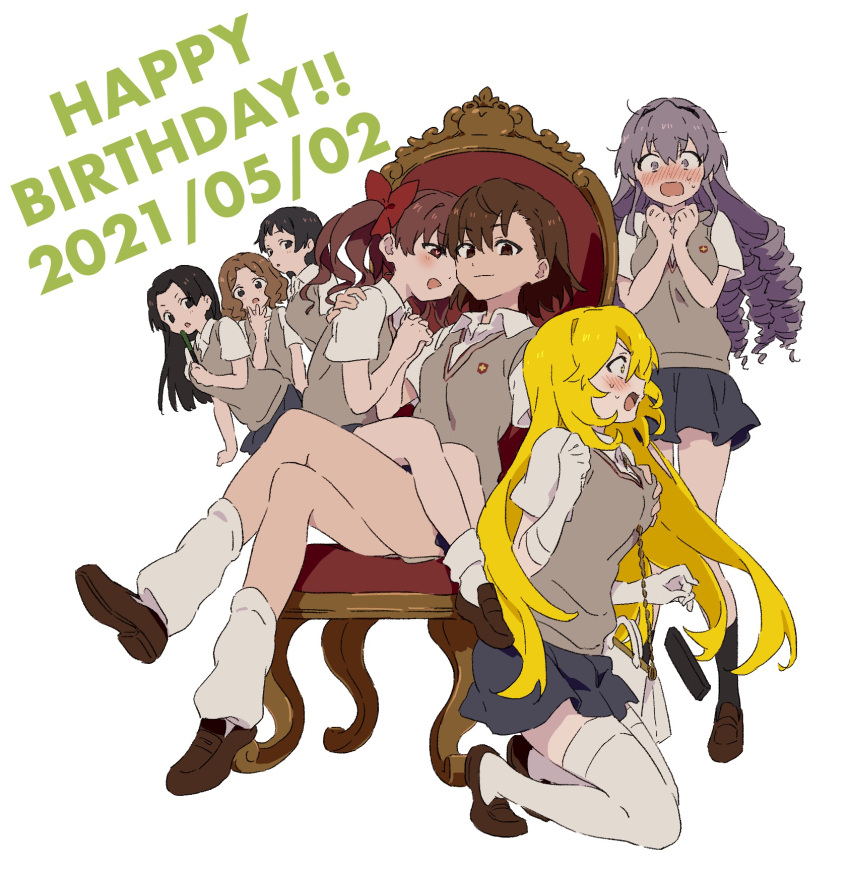 2021 6+girls :d :o arm_around_shoulder assertive_female awatsuki_maaya bag bangs black_eyes black_hair black_skirt blonde_hair blush bob_cut breast_grab brown_eyes brown_footwear brown_hair brown_shorts chair clenched_hand commentary_request crossed_legs doyagao drill_hair folding_fan full-face_blush full_body gekota grabbing groping hair_strand hand_fan hand_on_another's_head hand_to_own_mouth hand_up handbag hands_on_own_chest heart heart-shaped_pupils highres hokaze_junko holding holding_bag holding_fan kneeling kongou_mitsuko light_smile loafers long_hair loose_socks messy_hair misaka_mikoto multiple_girls open_mouth own_hands_clasped own_hands_together parted_bangs pleated_skirt purple_hair raised_eyebrows revision sanpaku school_uniform shadow shirai_kuroko shoes shokuhou_misaki short_hair shorts shorts_under_skirt simple_background sitting sitting_on_lap sitting_on_person skirt smile smug socks sparkling_eyes standing surprised sweatdrop swept_bangs symbol-shaped_pupils teruya_(6w6y) thighhighs throne toaru_kagaku_no_railgun toaru_majutsu_no_index tokiwadai_school_uniform twintails wannai_kinuho white_background white_socks yellow_eyes yuri zettai_ryouiki