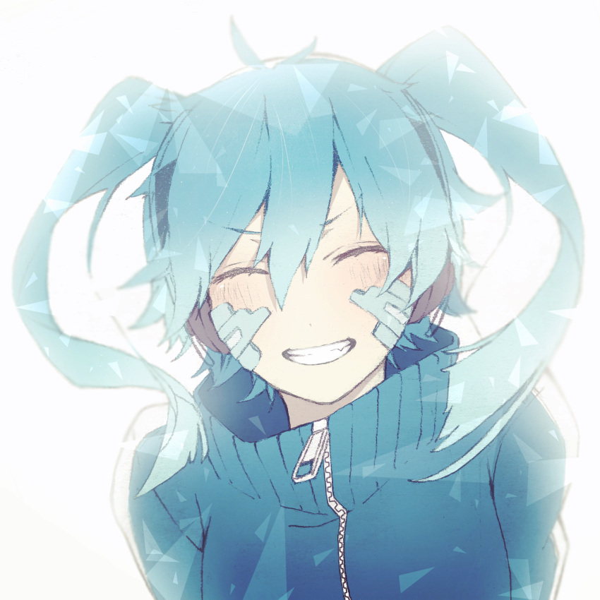 11_10_11 1girl absurdres blue_hair blue_jacket blunt_ends blurry closed_eyes collared_jacket ene_(kagerou_project) facing_viewer fang hair_between_eyes headphones highres jacket kagerou_project mekakucity_actors open_mouth popped_collar portrait simple_background smile solo teeth third-party_source track_jacket twintails upper_body white_background zipper