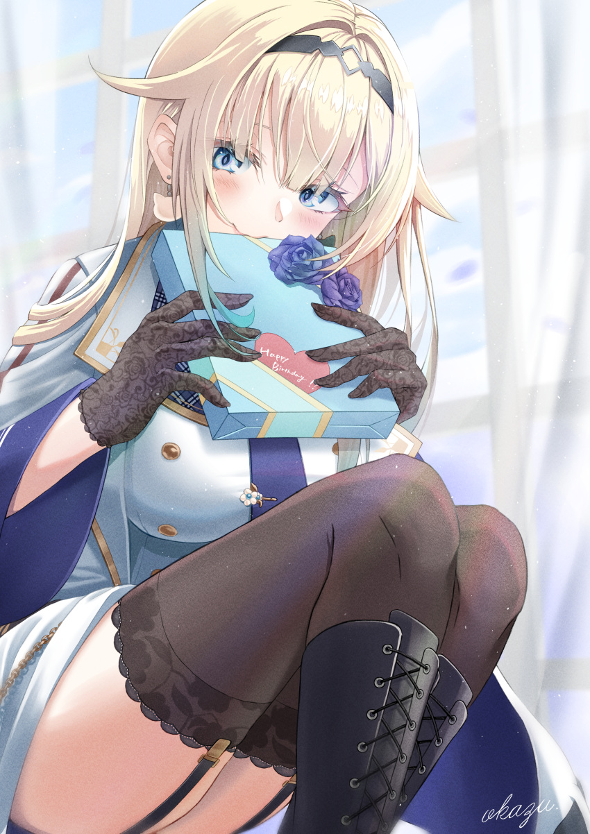 1girl absurdres aizawa_ema black_footwear black_thighhighs blonde_hair blue_coat blue_eyes blue_flower blue_necktie blue_rose blush boots box breasts cat_earrings coat covering_mouth cross-laced_footwear flower frilled_gloves frills full_body garter_straps gift gift_box gloves gradient_hair green_hair hair_flaps hair_intakes highres holding holding_gift indoors knee_boots lace-trimmed_legwear lace_trim lapels large_breasts long_hair looking_at_viewer multicolored_hair mussan necktie open_clothes open_coat rose shirt sidelocks sitting solo thighhighs thighs tie_clip transparent_curtains two-sided_coat virtual_youtuber vspo! white_coat white_shirt window