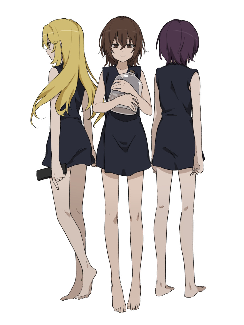 3girls absurdres aged_down bangs barefoot black_dress blonde_hair brown_eyes brown_hair commentary_request controller dolly_(toaru_kagaku_no_railgun) dress feet full_body highres holding holding_remote_control kouzaku_mitori liquid liquid_metal long_hair looking_afar looking_down medical_scrubs metal multiple_girls purple_hair remote_control shokuhou_misaki short_hair sidelocks simple_background sleeveless standing teruya_(6w6y) toaru_kagaku_no_railgun toaru_majutsu_no_index white_background yellow_eyes