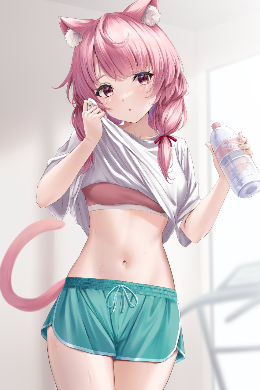 1girl :o absurdres animal_ear_fluff animal_ears blurry blurry_background bottle bra breasts cat_ears cat_girl cat_tail clothes_lift cowboy_shot dolphin_shorts drawstring green_shorts hair_over_shoulder hands_up highres holding holding_bottle indie_virtual_youtuber izumiya_konomi lifted_by_self looking_at_viewer loose_clothes loose_shirt medium_breasts navel parted_lips pink_bra pink_eyes pink_hair rama_(yu-light8) shirt shirt_lift short_sleeves shorts solo stomach sweat tail thighs underwear virtual_youtuber water_bottle wet white_shirt