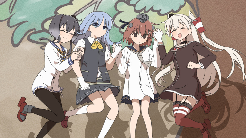 4girls amatsukaze_(kancolle) anchor_ornament bangs black_hair black_pantyhose blue_eyes blue_hair blue_sailor_collar blunt_bangs bocchi_the_rock! bow bowtie brown_dress brown_eyes brown_hair chain closed_eyes collared_shirt dress dress_shirt gloves gradient_hair grey_neckerchief grey_skirt grey_vest hair_tubes hat hatsukaze_(kancolle) headgear headset highres kantai_collection lifebuoy_ornament long_hair lowleg lowleg_pantyhose mini_hat multicolored_hair multiple_girls neckerchief pantyhose parody red_thighhighs sailor_collar sailor_dress shirt short_dress short_hair short_hair_with_long_locks sidelocks single_glove skirt smokestack_hair_ornament striped striped_thighhighs style_parody thighhighs tokitsukaze_(kancolle) two_side_up vest white_gloves white_hair white_shirt yellow_bow yellow_bowtie yellow_neckerchief yuki_4040 yukikaze_(kancolle) yukikaze_kai_ni_(kancolle)