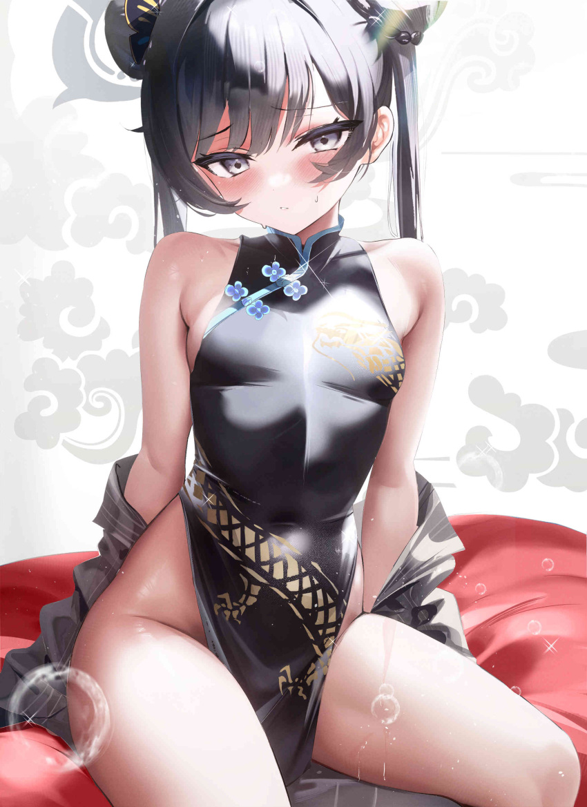 1girl absurdres bare_arms bare_shoulders black_eyes black_hair blue_archive blush breasts china_dress chinese_clothes commentary_request double_bun dragon_print dress fantongjun hair_bun hair_ornament highres jpeg_artifacts kisaki_(blue_archive) long_hair looking_at_viewer no_panties parted_lips pelvic_curtain sitting small_breasts solo thighs twintails wet