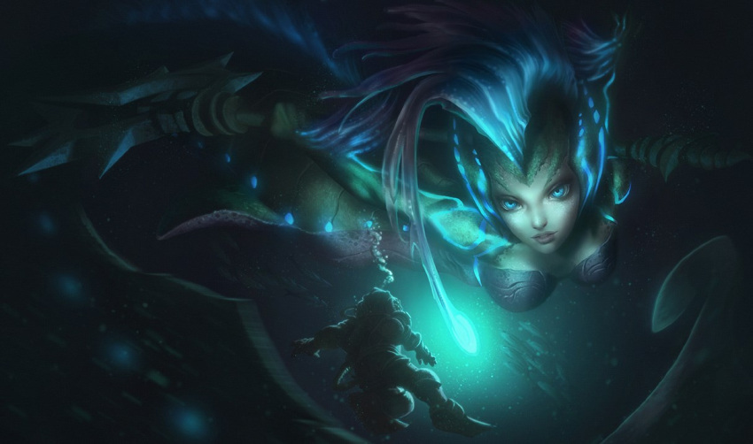 1girl 1other ambiguous_gender bad_source bangs blue_eyes blue_hair breasts colored_skin deep_sea_nami diving diving_helmet diving_suit giant glowing green_skin helmet holding holding_staff large_breasts league_of_legends long_hair mermaid monster_girl nami_(league_of_legends) official_art parted_lips staff teeth underwater