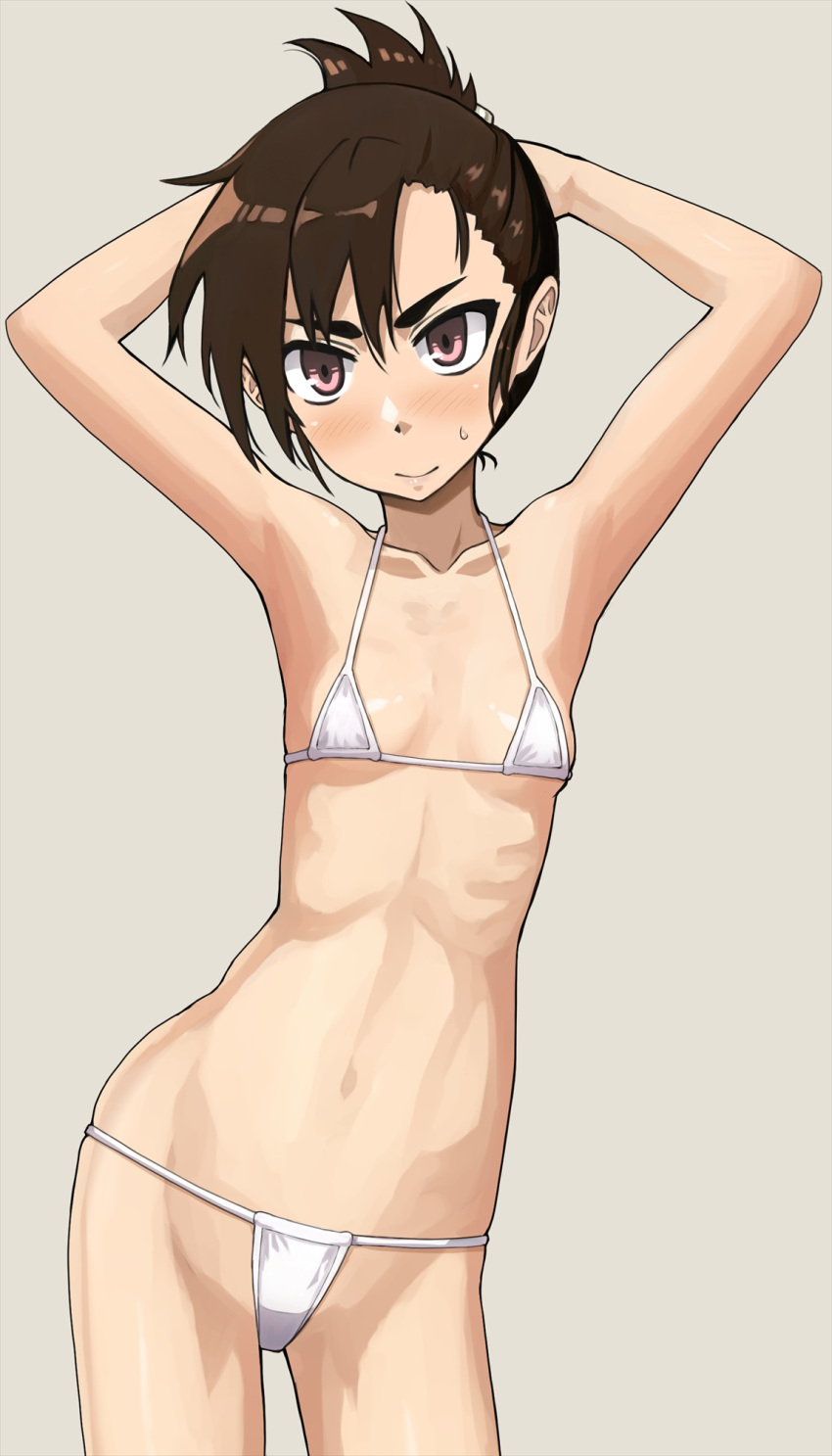 1girl armpits arms_behind_head arms_up bare_shoulders bikini blush brown_hair closed_mouth cowboy_shot embarrassed flat_chest grey_background highres looking_at_viewer navel onimushi_hyogo original pink_eyes ponytail ribs short_ponytail simple_background skinny standing string_bikini sweat sweatdrop swimsuit white_bikini