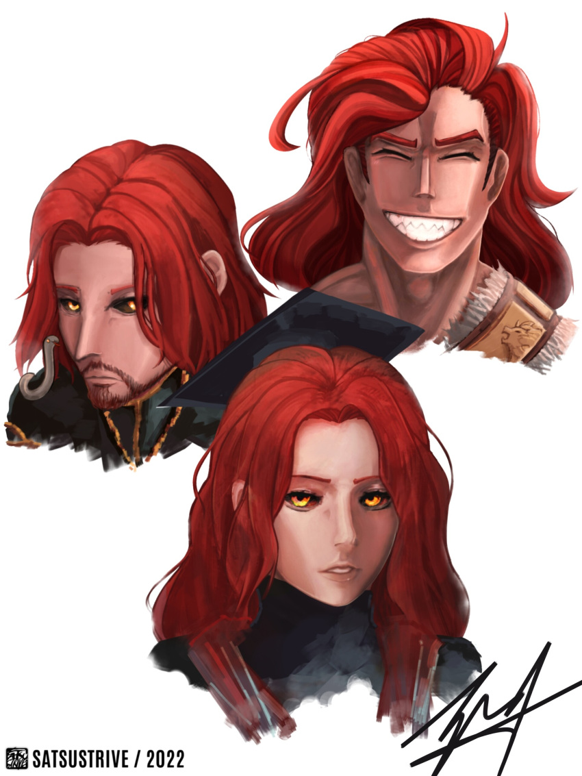 1girl 2boys absurdres artist_name brother_and_sister brothers elden_ring highres long_hair looking_at_viewer lunar_princess_ranni multiple_boys red_hair rykard_lord_of_blasphemy satsustrive siblings signature smile snake starscourge_radahn white_background yellow_eyes