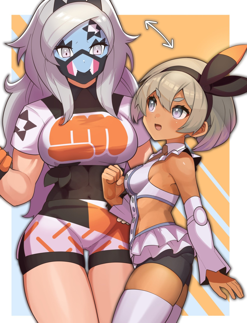 2girls arrow_(symbol) bangs bare_shoulders bea_(pokemon) bea_(pokemon)_(cosplay) bike_shorts blonde_hair bodysuit bodysuit_under_clothes border bow_hairband breasts closed_mouth collared_shirt commentary_request cosplay costume_switch covered_abs dark-skinned_female dark_skin detached_sleeves eri_(pokemon) eri_(pokemon)_(cosplay) eye_contact facepaint gloves grey_eyes hair_between_eyes hairband highres katwo long_hair looking_at_another multiple_girls open_mouth pokemon pokemon_(game) pokemon_sv pokemon_swsh print_shirt print_shorts shirt short_hair short_sleeves shorts side_slit side_slit_shorts smile tied_shirt white_border