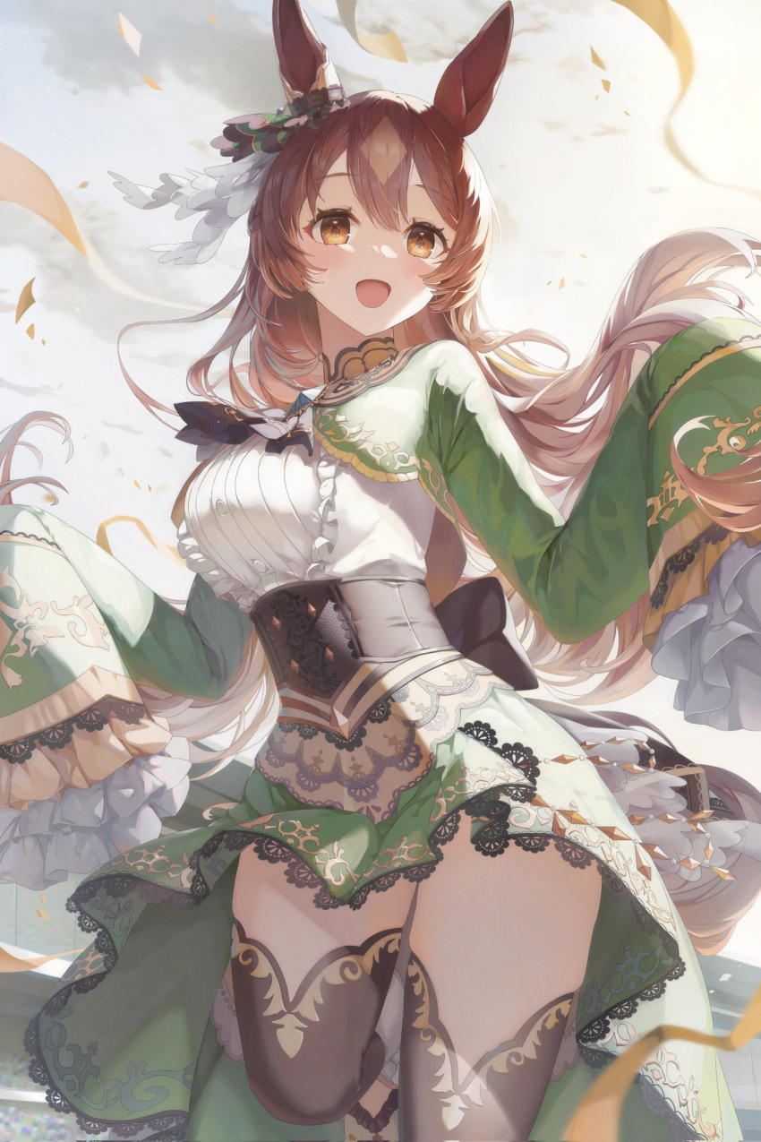 1girl :d ascot black_thighhighs blush brown_ascot brown_eyes brown_hair corset cowboy_shot cropped_jacket ear_ornament frilled_shirt frilled_sleeves frills green_jacket green_skirt high-low_skirt highres horse_girl jacket leg_up long_skirt long_sleeves mentrol multicolored_hair satono_diamond_(umamusume) shirt skirt sleeves_past_fingers sleeves_past_wrists smile solo streaked_hair thighhighs umamusume underbust white_shirt