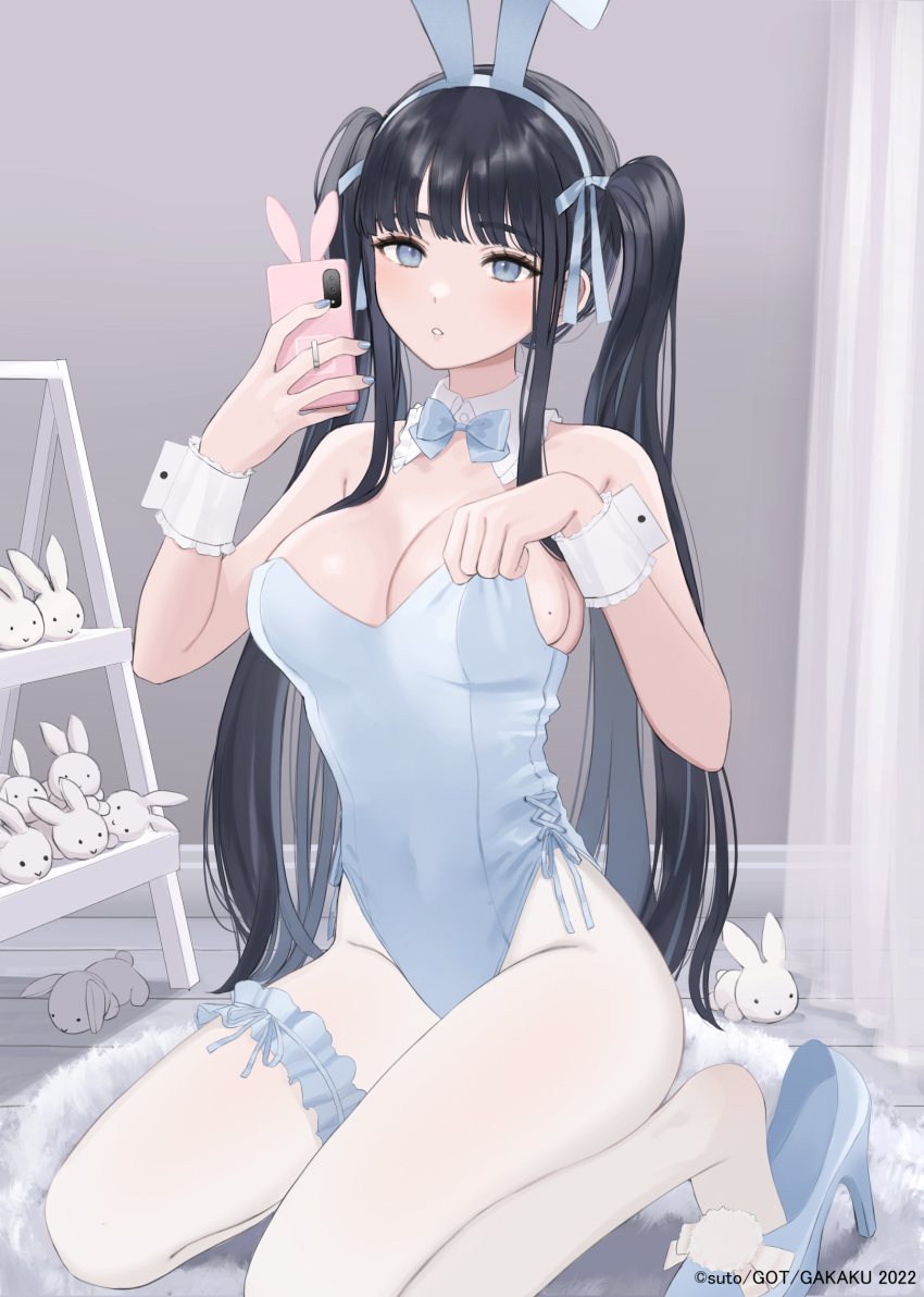 1girl absurdres animal_ears bare_shoulders black_hair blue_eyes blue_footwear blue_leotard bow bowtie breasts bridal_garter cleavage detached_collar fake_animal_ears hairband high_heels highleg highleg_leotard highres holding holding_phone kneeling large_breasts leotard long_hair looking_at_viewer mole mole_on_breast original pantyhose parted_lips phone playboy_bunny rabbit_ears sidelocks solo strapless strapless_leotard stuffed_animal stuffed_bunny stuffed_toy sutochan thighs twintails very_long_hair white_hairband white_pantyhose wrist_cuffs