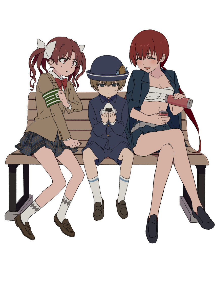 1boy 2girls :d ^_^ absurdres ankle_socks armband bandages bangs bench black_footwear blazer blue_headwear blue_jacket blue_shorts blue_skirt blush bow bowtie breasts brown_footwear brown_jacket checkered_clothes checkered_skirt chest_sarashi cleavage closed_eyes collared_shirt commentary_request food full_body gakuran girl_sandwich green_armband hair_bow hat highres holding holding_food invisible_floor jacket jacket_on_shoulders loafers long_sleeves looking_at_another low_twintails medium_breasts medium_hair midriff miniskirt miyama_shaei multiple_girls musujime_awaki on_bench onigiri open_clothes open_jacket open_mouth park_bench plaid plaid_skirt pleated_skirt red_bow red_bowtie red_eyes red_hair sandwiched sarashi school_uniform shirai_kuroko shirt shoes shorts simple_background sitting skirt smile socks sweatdrop teruya_(6w6y) thermos toaru_kagaku_no_railgun toaru_majutsu_no_index toaru_majutsu_no_index:_new_testament tokiwadai_school_uniform twintails white_background white_bow white_shirt white_socks wing_collar