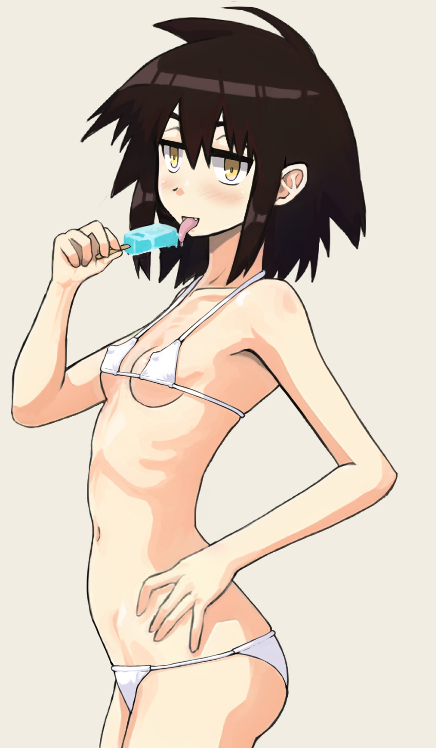 1girl arm_at_side bikini blush breasts brown_hair cowboy_shot food from_side grey_background hand_on_hip highres holding holding_food holding_ice_cream ice_cream licking looking_at_viewer messy_hair navel onimushi_hyogo original ribs simple_background skinny small_breasts standing string_bikini swimsuit tongue tongue_out white_bikini yellow_eyes