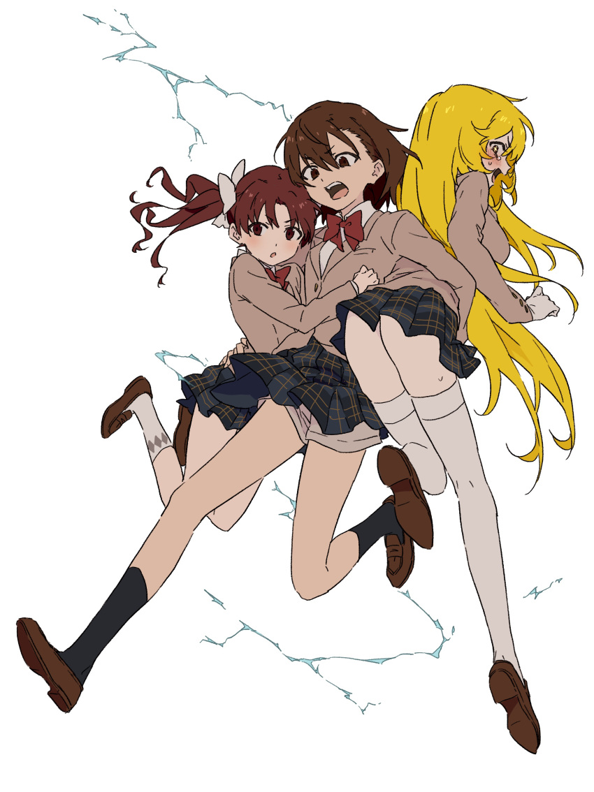 +_+ 3girls :o absurdres ass bangs black_socks blonde_hair blush bow bowtie bright_pupils brown_eyes brown_footwear brown_hair brown_jacket carrying carrying_person carrying_under_arm electricity electrokinesis fantasy full_body girl_sandwich hair_between_eyes highres jacket long_hair long_sleeves misaka_mikoto multiple_girls psychic red_bow red_bowtie sandwiched school_uniform science_fiction shirai_kuroko shoes shokuhou_misaki short_hair shorts shorts_under_skirt simple_background skirt socks sparkling_eyes symbol-shaped_pupils teruya_(6w6y) thighhighs thighs toaru_kagaku_no_mental_out toaru_kagaku_no_railgun toaru_majutsu_no_index tokiwadai_school_uniform twintails very_long_hair white_background white_socks white_thighhighs yellow_pupils