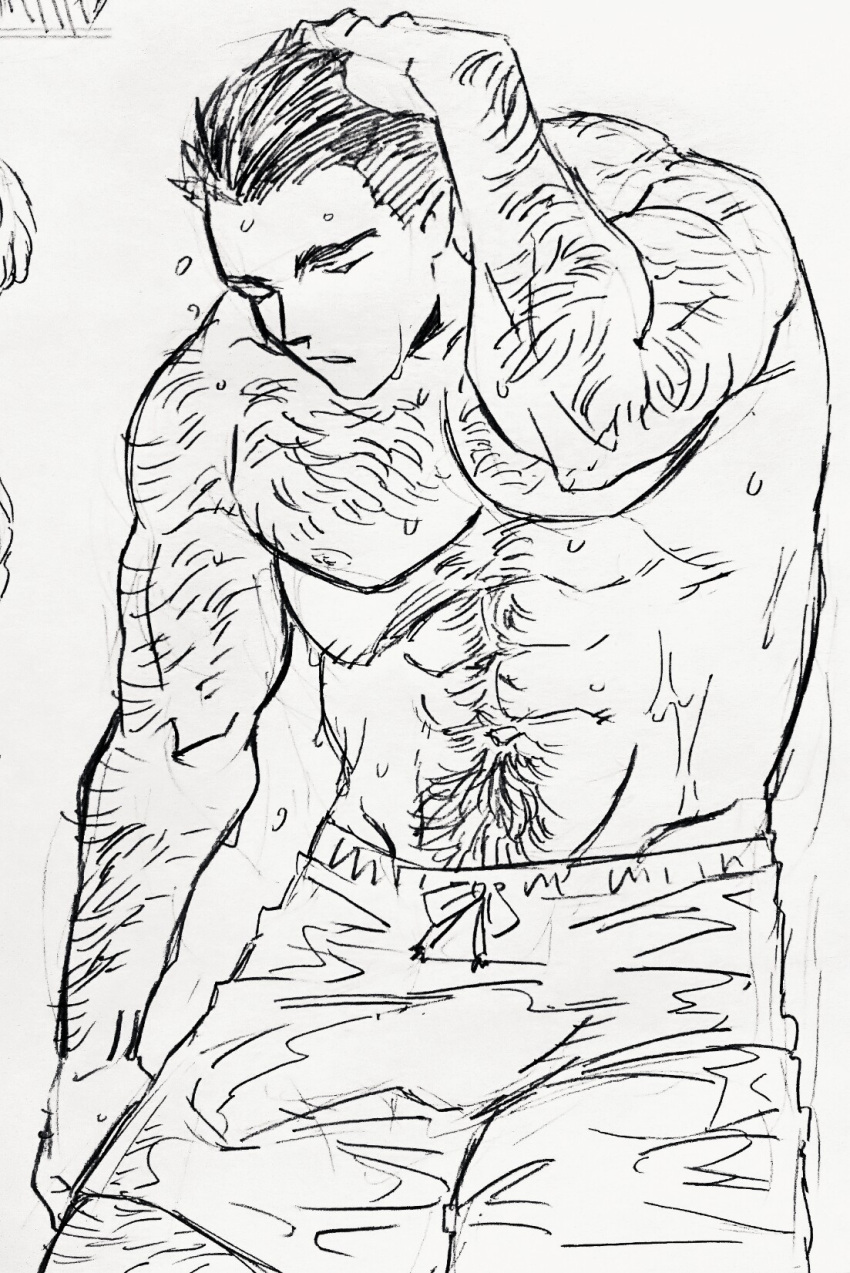 1boy abs alternate_costume arm_hair bara bulge chest_hair dickfish_(fishismdick) feet_out_of_frame hairy hand_in_own_hair hand_up highres john_rottweil_(dickfish) large_pectorals leaning_forward leg_hair male_focus male_swimwear mature_male muscular muscular_male navel navel_hair nipples original pectorals scan short_hair sketch solo standing stomach swim_briefs thick_eyebrows thick_thighs thighs topless_male traditional_media undercut wet
