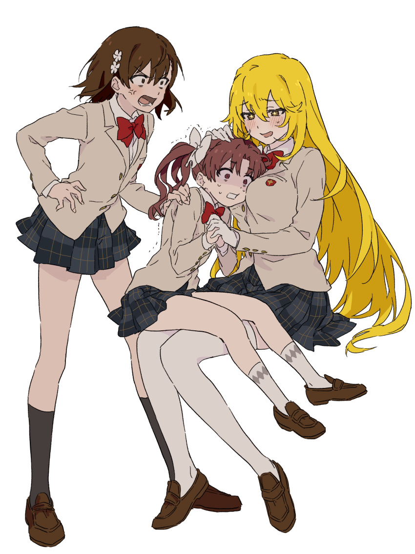 3girls absurdres anger_vein angry aroused bags_under_eyes bangs black_socks blazer blonde_hair blush bow bowtie breast_pillow breast_press breasts brown_footwear brown_hair commentary_request flower full_body gloves hair_bow hair_flower hair_ornament hand_on_another's_hand hand_on_another's_head hand_on_another's_shoulder hand_on_hip headpat highres holding_hands interlocked_fingers invisible_chair invisible_floor jacket jealous large_breasts loafers long_hair long_sleeves looking_at_another lower_teeth_only miniskirt misaka_mikoto multiple_girls open_mouth own_hands_together parted_bangs plaid plaid_skirt pleated_skirt red_bow red_bowtie scared school_uniform shirai_kuroko shirt shoes shokuhou_misaki short_hair sidelocks simple_background sitting sitting_on_lap sitting_on_person size_difference skirt socks standing sweat teeth teruya_(6w6y) thighhighs toaru_kagaku_no_railgun toaru_majutsu_no_index toaru_majutsu_no_index:_new_testament tokiwadai_school_uniform trembling twintails white_background white_bow white_gloves white_shirt white_socks wing_collar yellow_eyes yuri