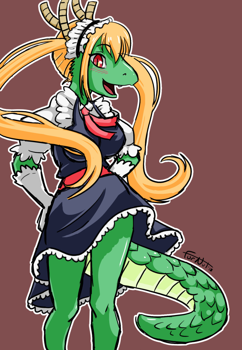 2018 2_horns anthro anthrofied biped blonde_hair clothed clothing countershade_tail countershading dragon eyebrows furnut gloves green_body green_eyes hair hands_on_own_hips handwear hi_res horn long_hair looking_at_viewer maid_headdress maid_uniform miss_kobayashi's_dragon_maid open_mouth pigtails pupils scales simple_background slit_pupils smile solo standing tail teeth tohru_(dragon_maid) tongue uniform white_clothing white_gloves white_handwear