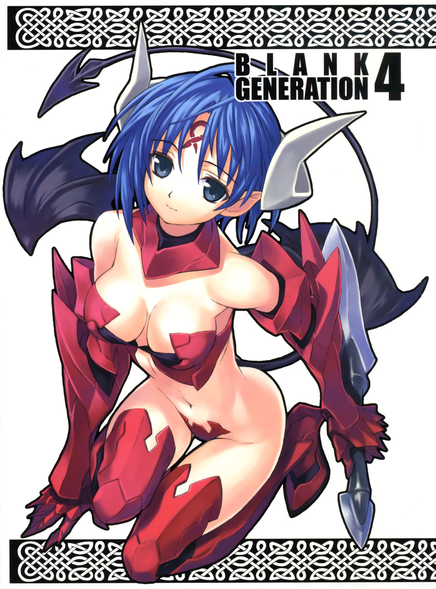 absurdres armor bare_shoulders blue_eyes blue_hair boots breasts cleavage copyright_request demon_tail demon_wings elbow_gloves gauntlets gloves highres horns kneeling matsuryuu medium_breasts navel pointy_ears revealing_clothes short_hair solo strapless_bottom sword tail thigh_boots thighhighs weapon wings