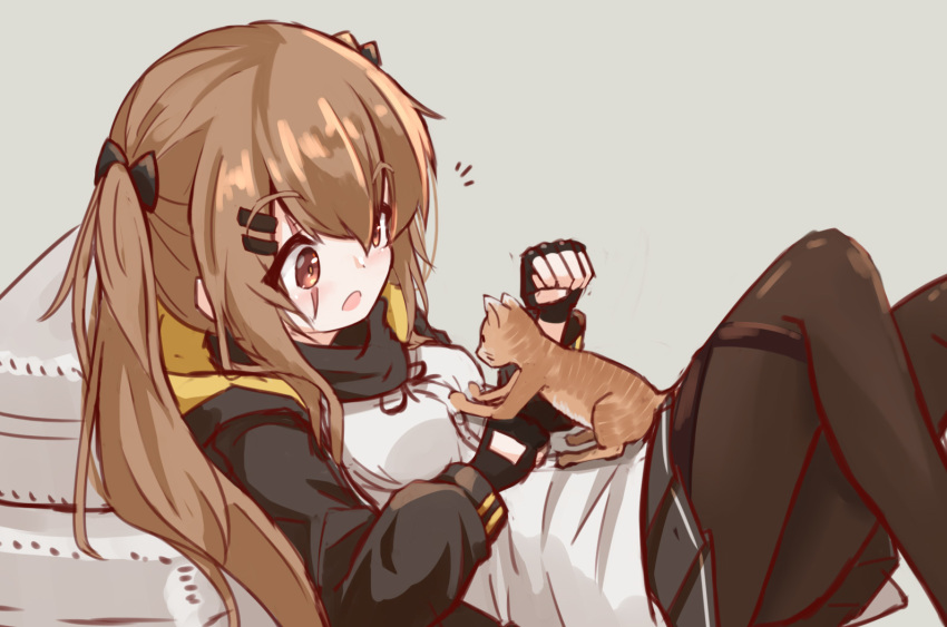 1girl animal animal_on_stomach bangs black_bow black_gloves black_jacket black_skirt blush bow breasts brown_eyes brown_hair brown_legwear cat dress_shirt eyebrows_visible_through_hair fingerless_gloves girls_frontline gloves hair_between_eyes hair_bow hair_ornament hairclip hood hood_down hooded_jacket jacket looking_at_animal looking_away lying matsuo_(matuonoie) on_back open_clothes open_jacket open_mouth pantyhose pleated_skirt scar scar_across_eye shirt skirt small_breasts solo twintails ump9_(girls_frontline) white_shirt