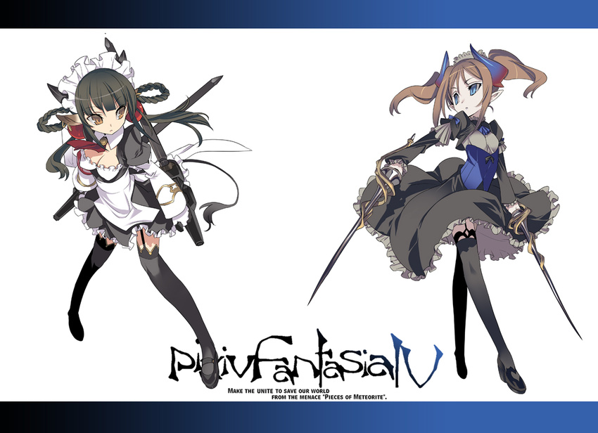 animal_ears bad_id bad_pixiv_id baton black_hair blade_(galaxist) blue_eyes braid breasts brown_eyes brown_hair cleavage cow_ears cow_girl dress dual_wielding engrish garter_straps garters headdress holding horns long_sleeves maid medium_breasts multiple_girls pixiv_fantasia pixiv_fantasia_4 pointy_ears ranguage skirt sword tail thighhighs twintails weapon