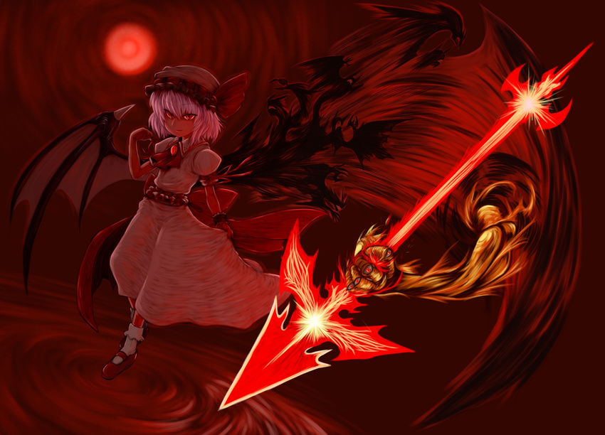 animal arm_garter ascot bad_id bad_pixiv_id bat bat_wings belt brooch energy_spear frills full_body hat highres jewelry m.m mob_cap moon polearm puffy_short_sleeves puffy_sleeves red_moon remilia_scarlet short_hair short_sleeves solo spear standing touhou vampire weapon white_legwear wings