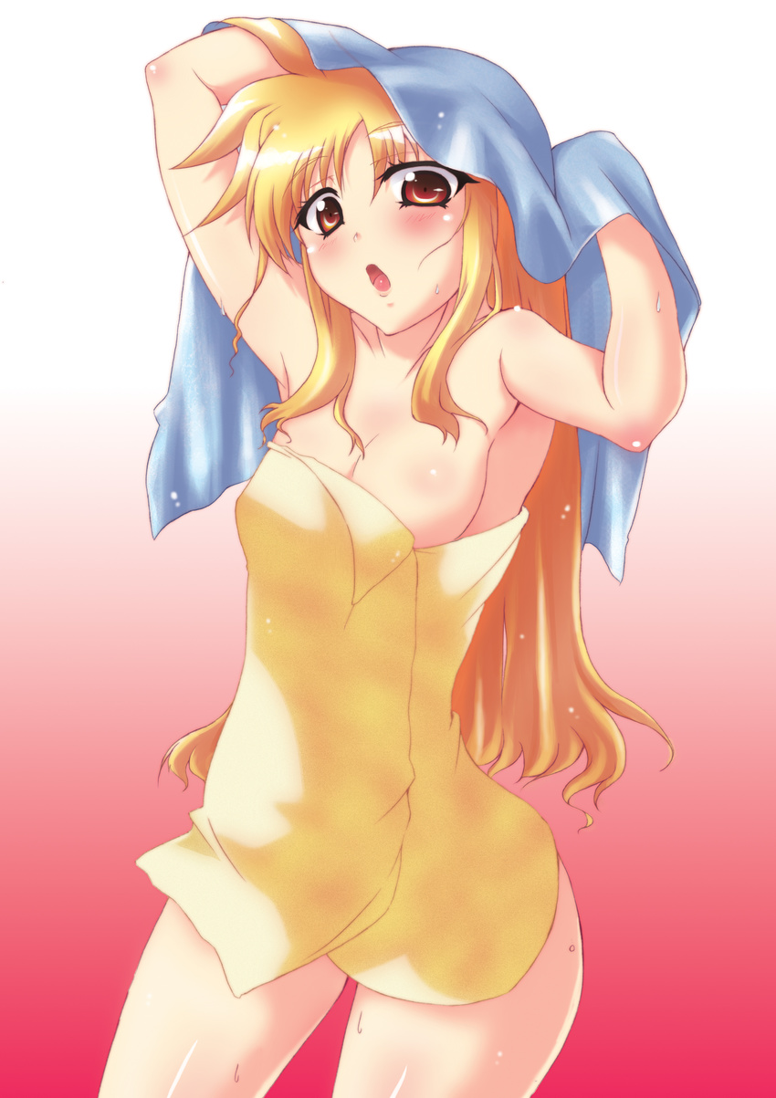 :o absurdres blonde_hair breasts cleavage fate_testarossa highres large_breasts long_hair lyrical_nanoha mahou_shoujo_lyrical_nanoha_strikers naked_towel solo towel tsukishiro_kou wet