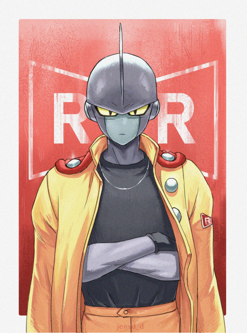 1boy absurdres black_eyes black_shirt colored_skin commentary crossed_arms dragon_ball dragon_ball_super dragon_ball_super_super_hero english_commentary gamma_1 grey_skin highres jacket jacket_on_shoulders jenxd_d jewelry male_focus necklace red_ribbon_army shirt signature solo upper_body