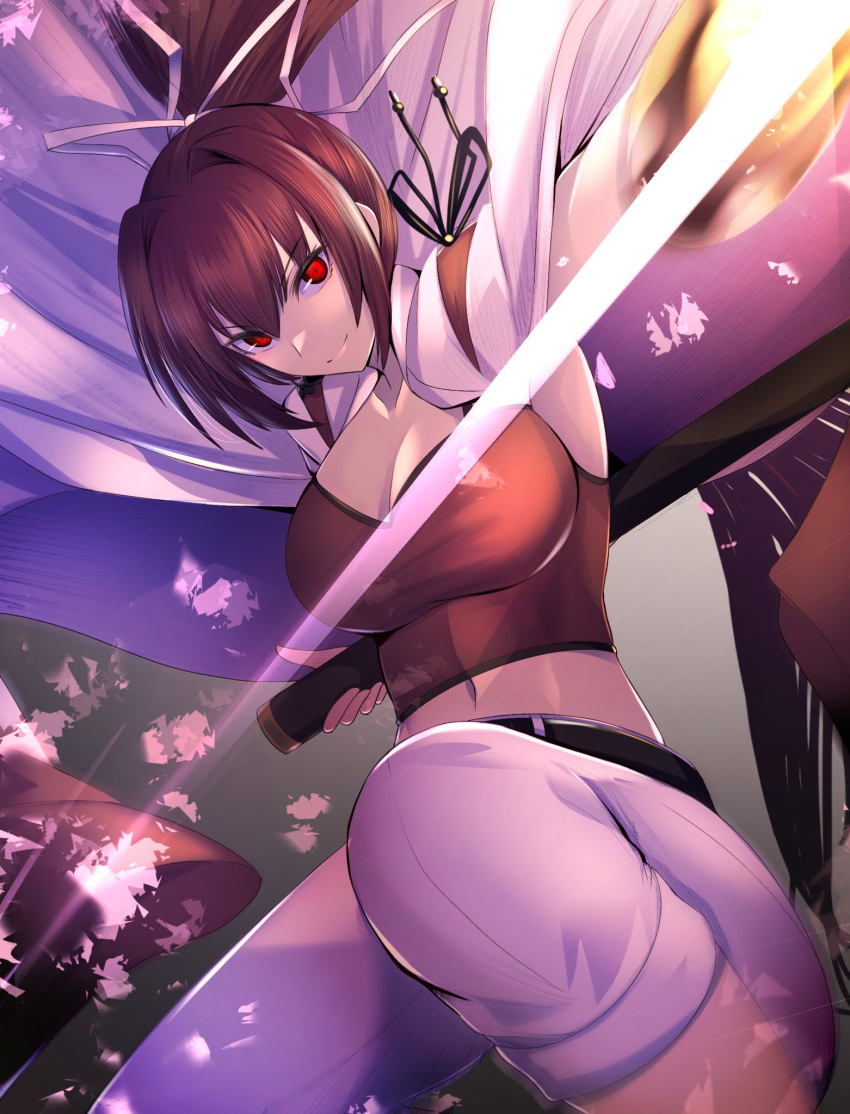 1girl afterimage breasts cape cleavage crop_top gaien_(jin_morisono) hair_ribbon highres holding holding_sword holding_weapon katana large_breasts long_hair midriff motion_blur motion_lines navel pants ponytail purple_hair red_eyes ribbon smile solo speed_lines sword under_night_in-birth weapon yuzuriha_(under_night_in-birth)