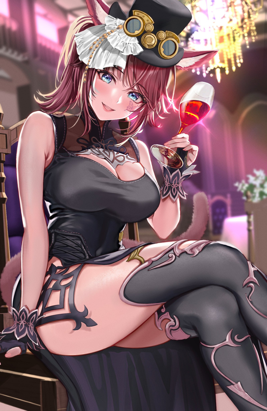 1girl absurdres animal_ears avatar_(ff14) bangs black_dress black_gloves black_thighhighs blue_eyes blurry blurry_background breasts brown_hair cat_ears cat_tail cleavage_cutout clothing_cutout crossed_legs cup dress drinking_glass final_fantasy final_fantasy_xiv fingerless_gloves gloves hat highres indoors large_breasts looking_at_viewer short_hair short_ponytail sitting sleeveless sleeveless_dress solo tail thighhighs top_hat wine_glass yijie_zhaochun