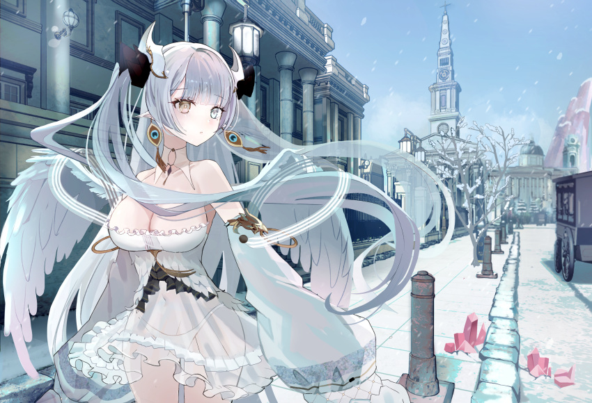 1girl bangs bare_tree black_ribbon breasts brown_eyes building cleavage commentary covered_navel crystal detached_sleeves dress echocalypse feathered_wings frilled_dress frills grey_eyes grey_hair groin hair_ribbon heterochromia highres iren_lovel large_breasts long_hair long_sleeves navel outdoors panties parted_lips puffy_long_sleeves puffy_sleeves ribbon road see-through sleeves_past_fingers sleeves_past_wrists snow snowing solo strapless strapless_dress street tower tree two_side_up underwear very_long_hair white_dress white_panties white_sleeves white_wings wings