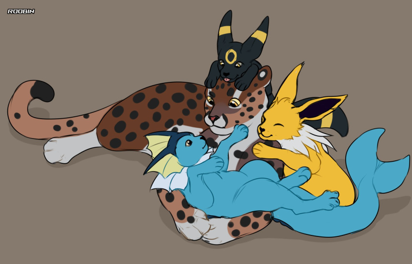 ambiguous_gender artist_name black_nose black_spots blep brown_body cheek_tuft closed_smile eeveelution eyes_closed facial_spots facial_tuft felid feral generation_1_pokemon generation_2_pokemon group head_tuft hi_res jolteon lying mammal markings mouth_closed nintendo on_back on_front on_top pink_tongue pokemon pokemon_(species) roobin simple_background spots spotted_back spotted_face spotted_legs spotted_markings spotted_tail tail tail_markings tongue tongue_out tuft umbreon vaporeon