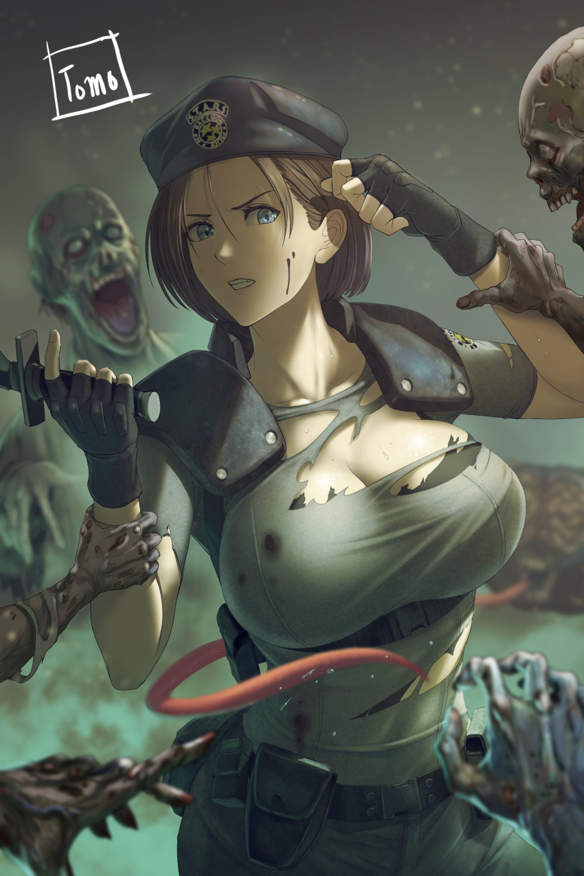 1girl absurdres arm_grab artist_name belt black_gloves blood blood_on_face blue_eyes blue_shirt blurry blurry_background breasts brown_hair cleavage colored_skin corpse female_service_cap fingerless_gloves gloves grey_skin hair_behind_ear hat highres holding holding_knife jill_valentine knife large_breasts pants police police_hat police_uniform policewoman pouch resident_evil shirt short_hair solo_focus tomo_eokaiteru torn_clothes torn_shirt undead uniform zombie