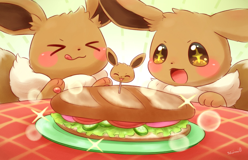 blush closed_eyes eevee fluffy food highres open_mouth picnic pokemon pokemon_(creature) sandwich shii_(no-va_could) tomato tongue tongue_out