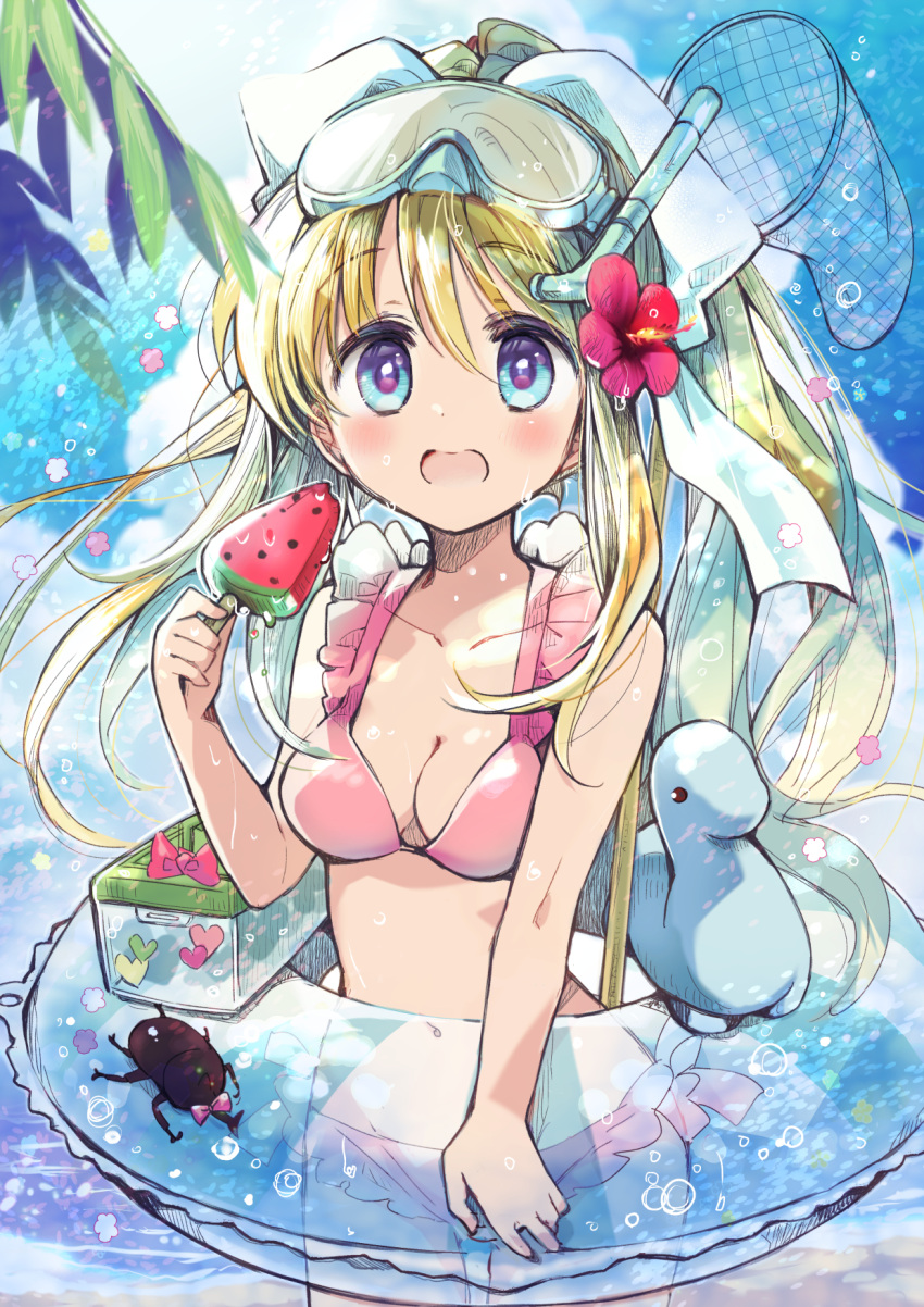 1girl air_(visual_novel) bangs beetle bikini blonde_hair blue_eyes bow box breasts bug buoy butterfly_net cleavage flower food fruit goggles goggles_on_head hair_bow hair_flower hair_ornament hand_net highres instrument izumi_rei kamio_misuzu large_breasts long_hair open_mouth outdoors palm_tree pink_bikini ponytail red_flower sauropod swimsuit tree tuba watermelon watermelon_slice white_bow