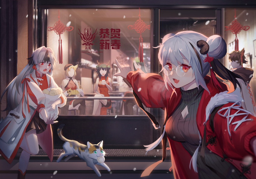1boy 5girls :d aak_(arknights) alternate_costume animal_ears arknights bag bespectacled black_hair black_headwear black_shorts black_skirt black_sweater blonde_hair blue_hair breath brown_hair cat cat_ears ch'en_(ageless_afterglow)_(arknights) ch'en_(arknights) chasing china_dress chinese_clothes coat commentary crossed_legs double_bun dragon_horns dress faceless faceless_female faceless_male fang feater_(arknights) glasses green_hair grey_hair hair_bun happy_new_year highres holding holding_bag horns hoshiguma_yuugi jacket liusha long_hair long_sleeves looking_at_viewer multicolored_hair multiple_girls official_alternate_costume oni_horns open_clothes open_coat open_mouth pointing red_dress red_eyes red_hair red_jacket red_shirt round_eyewear shirt shorts skin_fang skirt smile snowsant_(arknights) streaked_hair sweater swire_(arknights) swire_(honor_and_splendor)_(arknights) tassel very_long_hair white_coat white_shorts