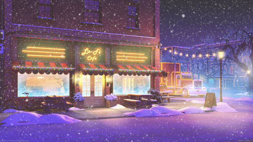 absurdres bare_tree cafe christmas english_commentary ground_vehicle highres lamppost lights mb0sco menu_board motor_vehicle neon_lights night no_humans official_art original outdoors picnic_table restaurant scenery semi_truck snow snowing table tree truck winter