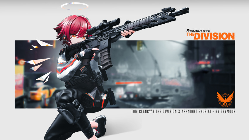 1girl absurdres arknights assault_rifle barbed_wire barricade black_footwear black_gloves black_pants building car city detached_wings earpiece exusiai_(arknights) fingerless_gloves gloves ground_vehicle gun halo highres holding holding_gun holding_weapon jacket knee_pads kneeling motor_vehicle orange_eyes outdoors pants red_hair rifle seymour shoes short_hair sky sneakers solo tactical_clothes traffic_light trailer urban weapon white_jacket wings
