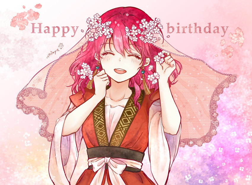 1girl akatsuki_no_yona aminyao blush cherry_blossoms closed_eyes facing_viewer flower hair_flower hair_ornament happy_birthday highres korean_clothes multicolored_background pink_background purple_background red_hair short_sleeves solo yona_(akatsuki_no_yona)