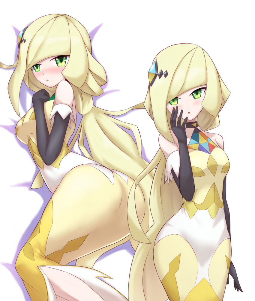 1girl absurdres blonde_hair commentary dress hair_ornament highres long_hair looking_at_viewer lusamine_(pokemon) lusamine_(sygna_suit)_(pokemon) lying multiple_views official_alternate_costume open_mouth pokemon pokemon_(game) pokemon_masters_ex solo white_background zerokun135