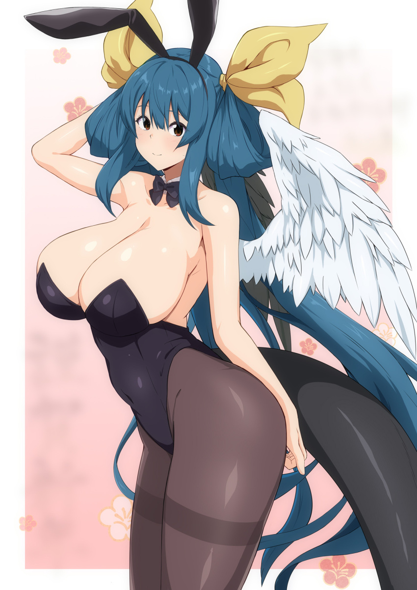 1girl angel_wings animal_ears arm_above_head arm_up asymmetrical_wings bangs bare_shoulders black_bow black_bowtie black_leotard blue_hair blush border bow bowtie breasts chinese_zodiac cleavage collar collarbone covered_navel detached_collar dizzy_(guilty_gear) fake_animal_ears fuuma_(bangolga1) guilty_gear hair_between_eyes hair_ribbon hair_rings happy_new_year highres huge_breasts large_breasts leggings leotard long_hair looking_at_viewer mature_female monster_girl pink_background playboy_bunny rabbit_ears red_eyes ribbon sideboob sidelocks smile solo tail thighhighs twintails white_border wings year_of_the_rabbit